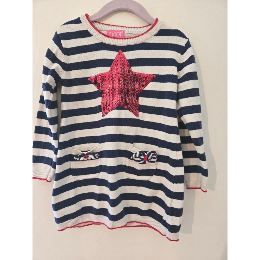 Minoti‎ Girls Navy White Striped Sequin Star Sweater Dress 2-3Y 92/98cm